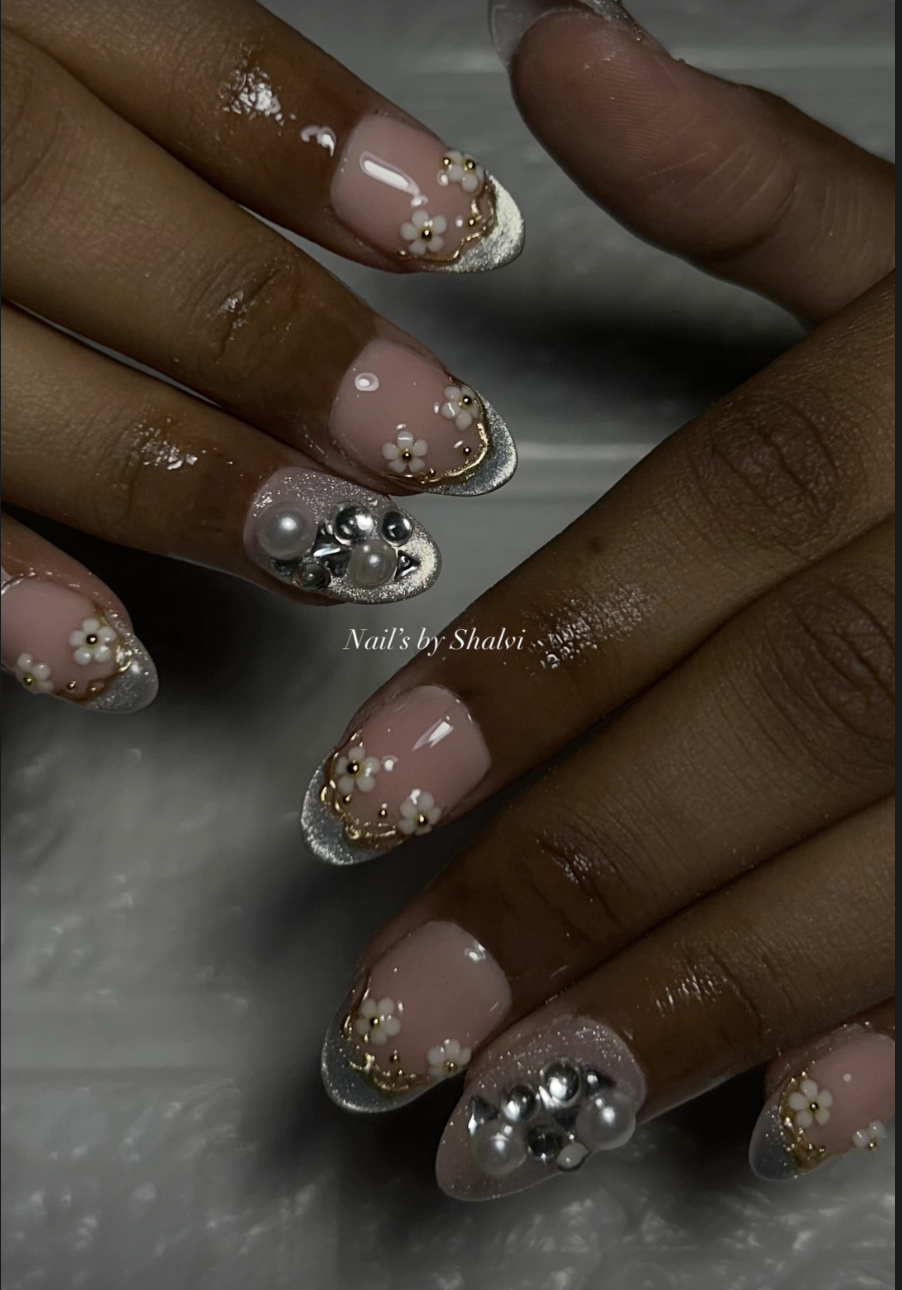 Red and nude bridal nails